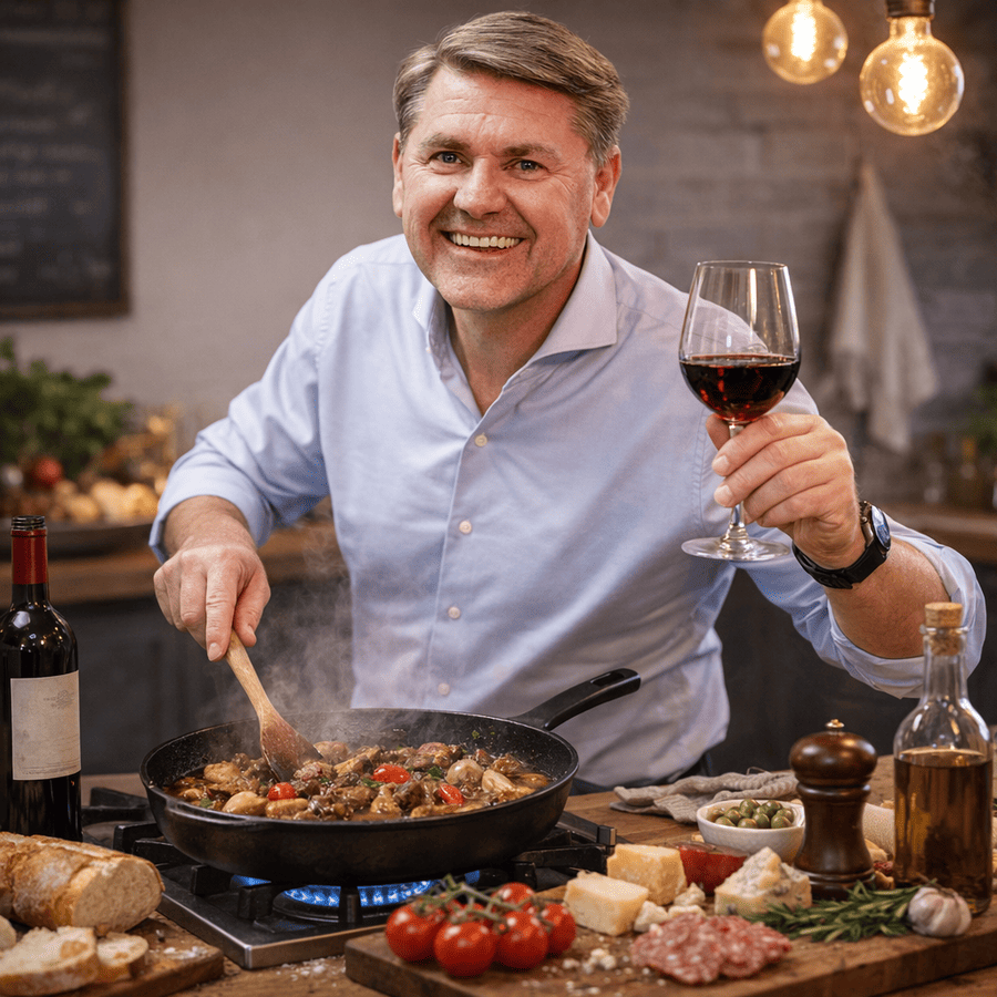 marcel wewers met glas wijn aan het koken
